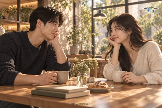 서로 눈을 맞추며 호감을 표현하는 두 성인.