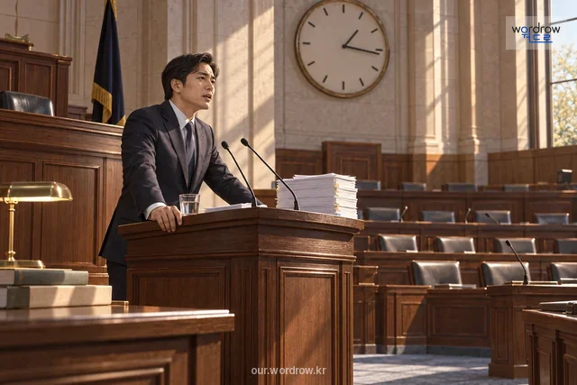 의회 연단의 긴 원고와 시계로 장시간 발언