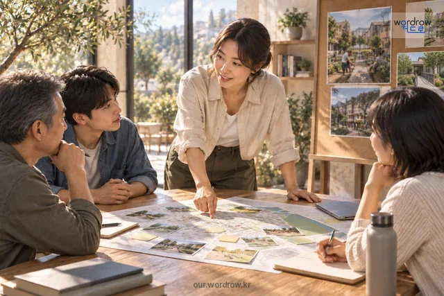 동네 접근성과 공동체 공간 개선을 논의하는 활동가.
