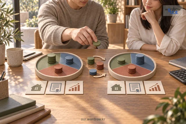 투자 자산을 나타내는 표식의 배분 비율을 바꾸는 모습.
