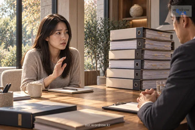 권위자의 압박과 무거운 규정집 앞에서 발언을 망설이는 사람.