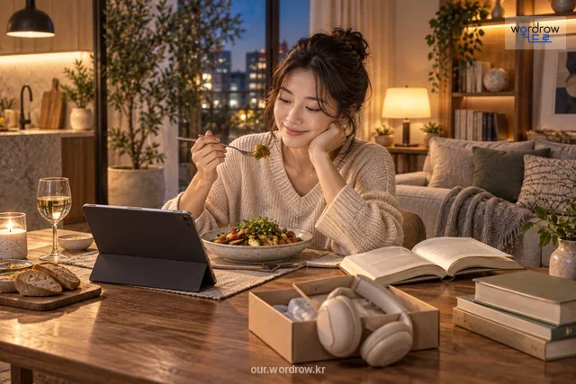 일 인분 식사와 개인용 매체, 구매 물품으로 꾸민 일 인 생활 공간.