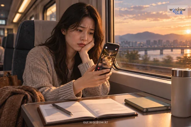 사회 관계망의 모임 사진을 보며 불안해하는 통근자.