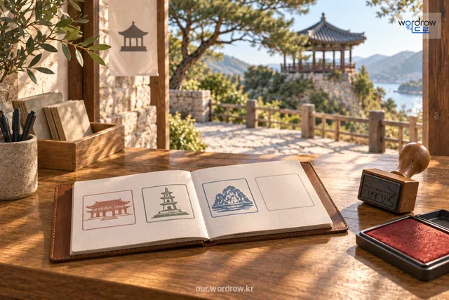 지역 명소와 방문 도장이 모인 수첩으로 도장 여행 설명.
