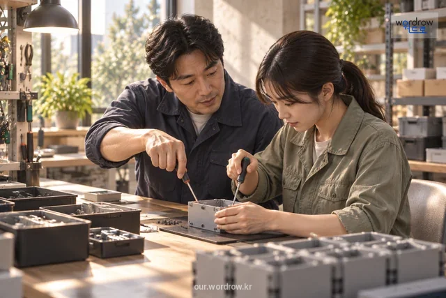 선임 직원의 시범을 보며 같은 조립 작업을 수행하는 신입 직원.