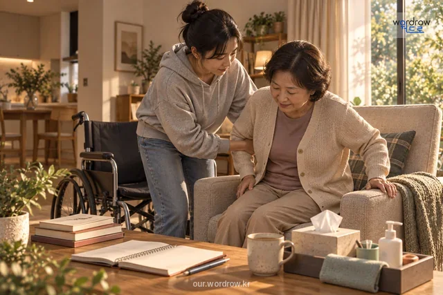 청년이 가족의 일상 동작을 돕고 학업 자료가 함께 놓임.