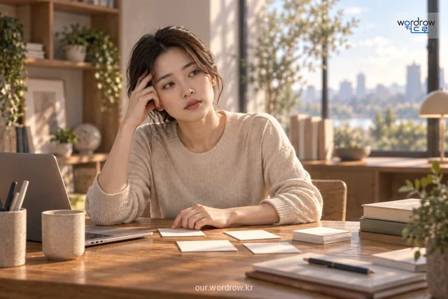 집중하기 힘든 표정과 작업 자료로 뇌 흐림을 표현한다. 구체적 의미는 정의와 함께 전달한다.