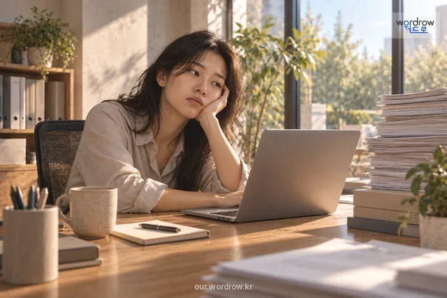 단조로운 서류 업무 중 무기력하고 지루해하는 모습. 번아웃과 차이는 정의로 설명.