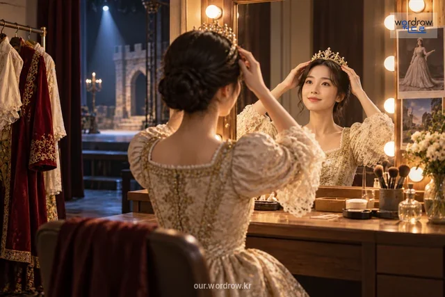 작품 속 인물과 그 배역을 맡은 배우를 연결한 장면.
