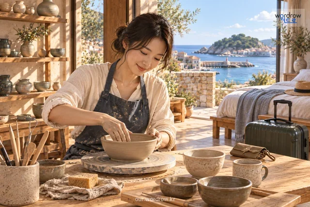 도자기를 배우는 공간 옆의 숙박용 객실과 여행 가방.