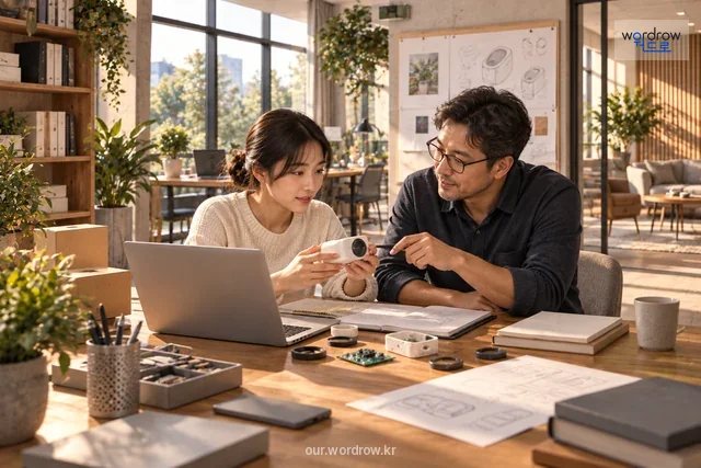 설비를 갖춘 공동 작업 공간에서 초보 창업자를 돕는 조언자.