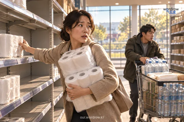 불안한 구매자와 생필품 대량 확보, 빈 진열대로 공황 구매 표현.