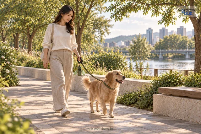 반려견 목줄과 배변 봉투로 동반 예절을 설명.