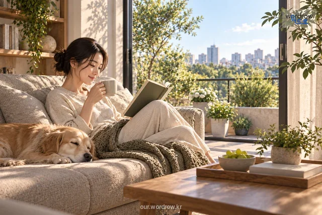 집에서 독서·반려견과 휴식을 즐기는 휴가.
