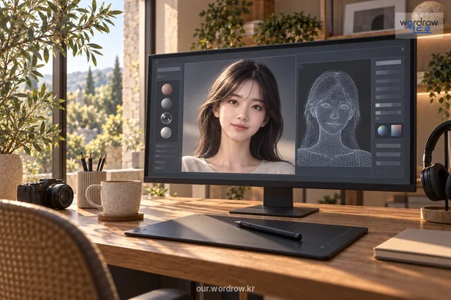 소프트웨어가 만든 인물과 대응 와이어프레임이 함께 보임.