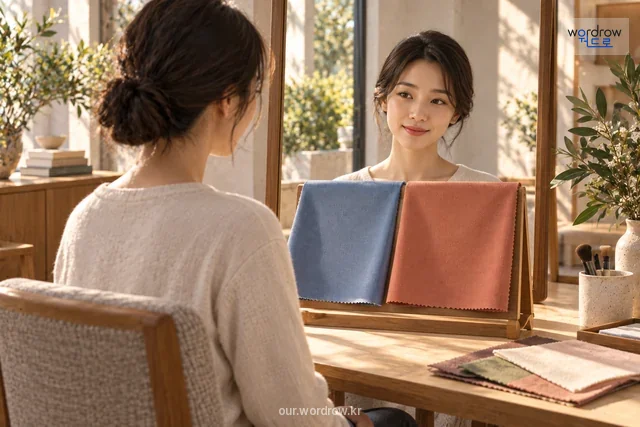 얼굴 아래 색상 천을 비교하는 맞춤 색상