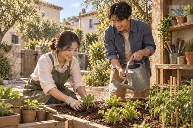 주민 둘이 공동 텃밭을 가꾸는 지역 공동체 활동
