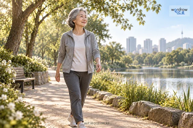 공원에서 걷는 중장년 인물로 건강한 노년 생활을 표현한다.