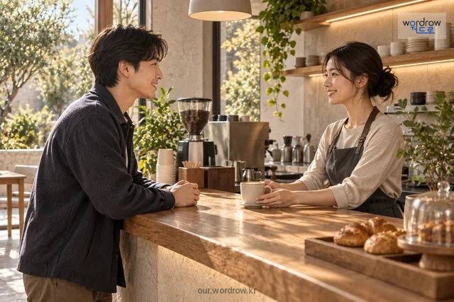 고객과 노동자가 서로 예의를 갖추며 대화하는 모습.