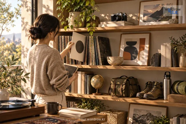 음반·미술·사진·등산의 취향을 함께 가진 장면.