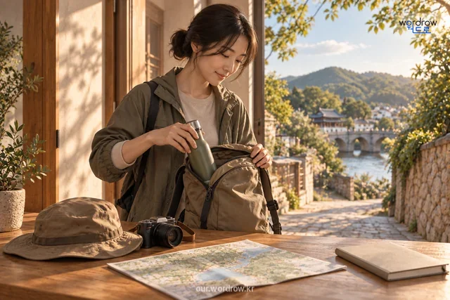 집 가까운 동네 여행을 가벼운 배낭으로 준비하는 장면.