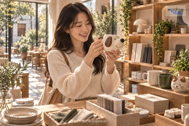 평범한 컵들 사이에서 장난스러운 개 모양 컵을 즐겁게 고르는 소비자.