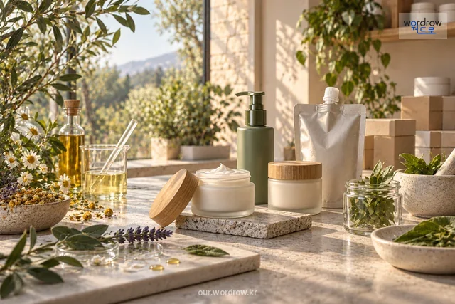 다시 채워 쓰는 화장품 용기와 성분을 살펴보는 모습.