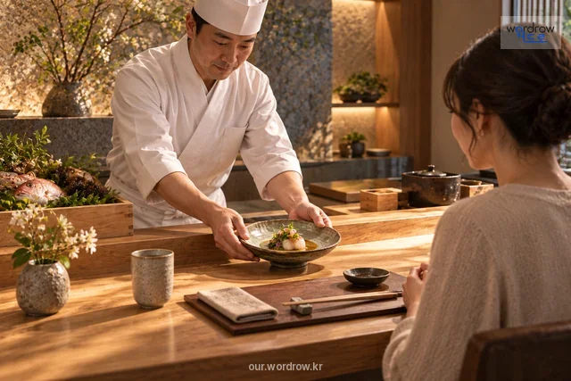 요리사가 고른 제철 요리를 손님에게 직접 내는 모습.