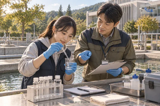 공공 수처리 시설에서 현장 교육을 받는 학생.
