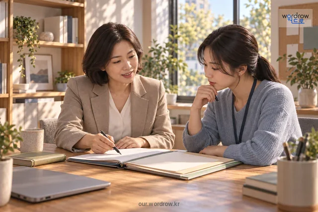 선임자가 복지 업무 서류를 함께 검토하며 후배를 지도하는 장면.