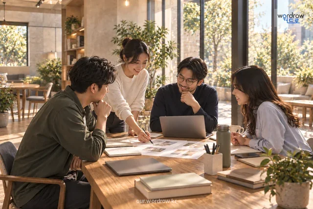 독립적인 작업 공간과 협업 테이블이 함께 있는 공유 업무 공간.