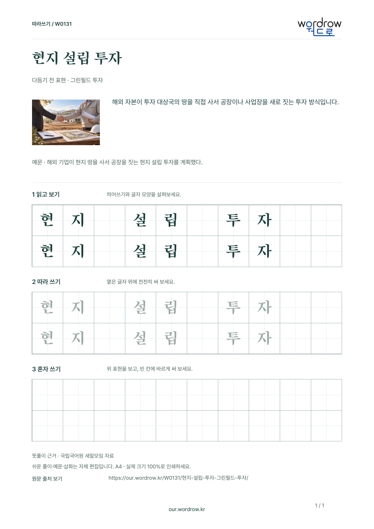 현지 설립 투자 · 그린필드 투자 학습지 1쪽 미리보기