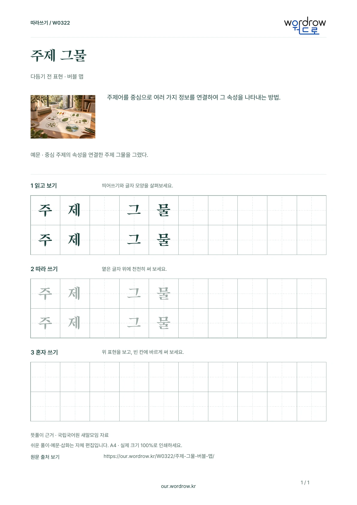 주제 그물 · 버블 맵 학습지 1쪽 미리보기